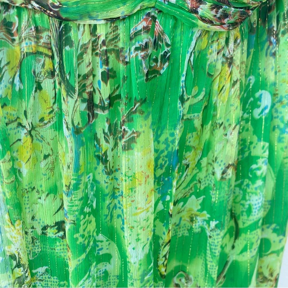 Y2K Sue Wong 100% Silk Green Gold Metallic Halter Maxi Dress Size 12 - Picture 6 of 8